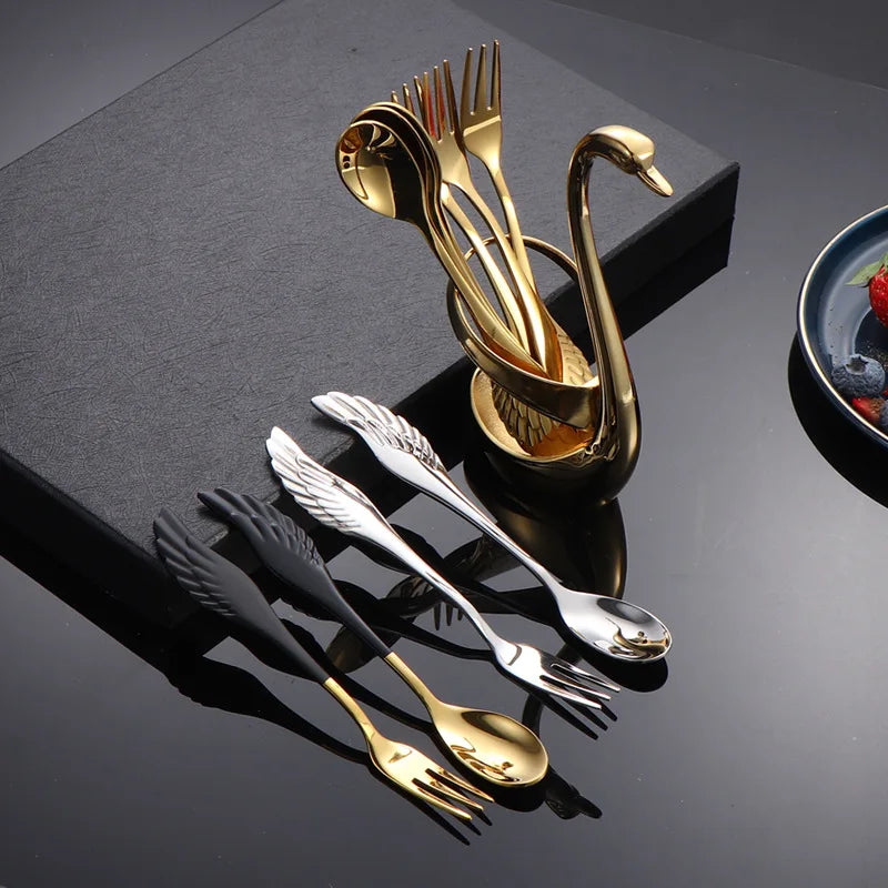 Set di forchette eleganti con base a forma di cigno, cucchiaio da caffè, dessert e insalata in acciaio inossidabile, posate per torte, stoviglie a zero sprechi, dropship