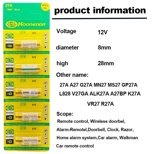 Batteria Alcalina 12V 27A L828 G27A MN27 MS27 GP27A A27 V27GA A27BP K27A VR27 per Campanelli, Allarmi, Telecomandi, Mouse