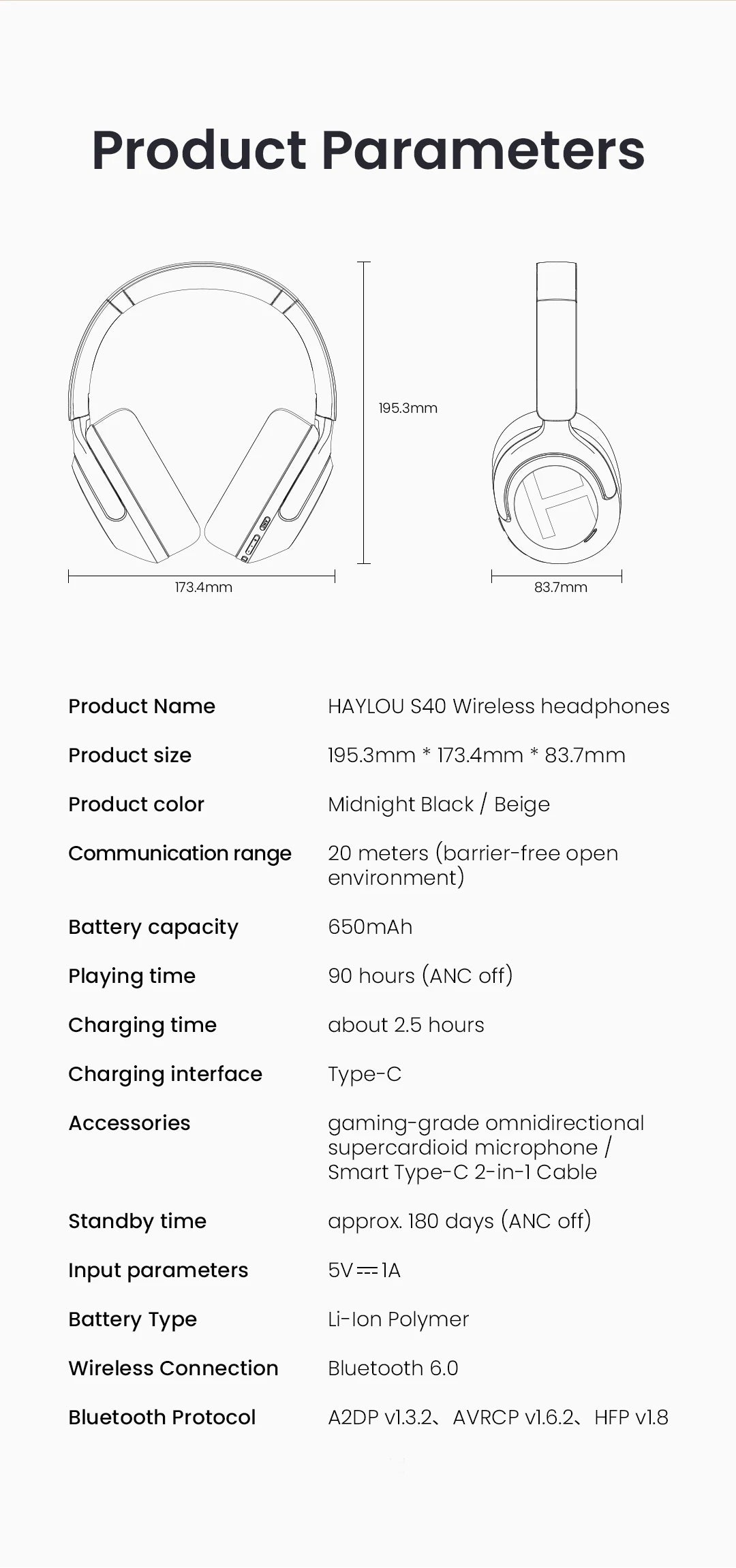 HAYLOU S40 ANC Cuffie wireless Bluetooth 6.0 Audio ad alta risoluzione Cuffie over Ear Auricolari ibridi con cancellazione attiva del rumore da 50 dB
