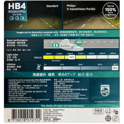 Philips X-treme Vision Pro150 9005 HB3 9006 HB4 12V + 150% Luminoso Auto Alogena Testa Luce HL Fascio ECE Genuino Originale Auto lampade