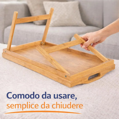 Vassoio Multifunzionale in Legno con Gambe Pieghevoli - Tavolino in Bambù 50x30 cm - Colazione con Maniglie, Gambe Retrattili, Ideale per Letto, Divano e PC, ciotola tibetana, piatti decorativi, fruttiera, organizer, ciotola