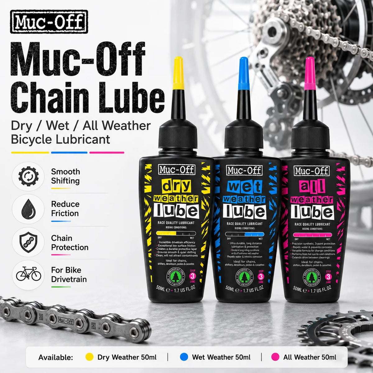 Lubrificante per Catene Muc-Off 50ml, per Uso a Secco o Bagnato, Adatto a Tutte le Condizioni Atmosferiche, Riduce l'Attrito e Garantisce Cambi Fluidi per Biciclette da Strada e MTB