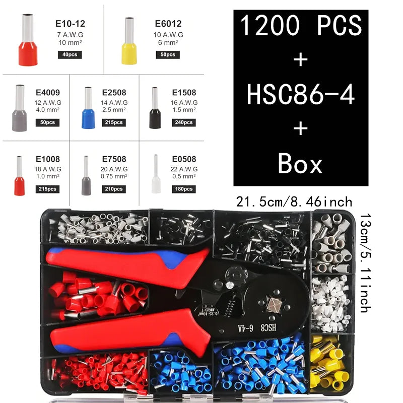 1200 pezzi di terminali a crimpare tubolari VE + scatola di serraggio HSC86-4, connettore per apparecchiature elettriche, terminale per connessione di cavi