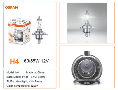 OSRAM H1 H4 H7 12V Faro alogeno per auto Linea originale Pezzi di ricambio 3200K Bianco caldo Lampada autentica Lampadina automatica Made In China 1X