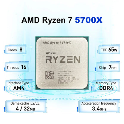 Processore Desktop AMD Ryzen 7 5700X, 8C/16T, 4.6GHz, 32MB Cache, AM4, Senza Dissipatore Incluso