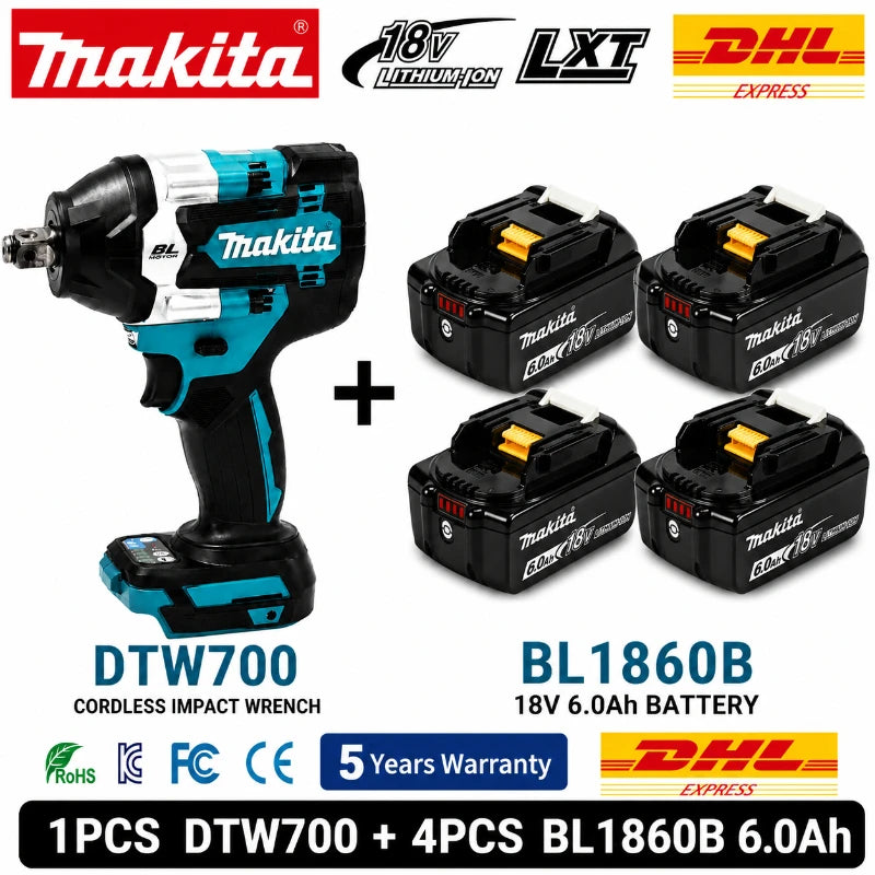 Avvitatore a impulsi Makita DTW700 a batteria 18V Brushless 700Nm, pistola a impulsi elettrica ad alta coppia con attacco da 1/2 pollice, velocità variabile, Auto-Stop per BL1830 BL1840 BL1850 BL1860B, spedizione rapida UE