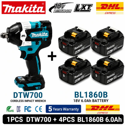 Avvitatore a impulsi Makita DTW700 a batteria 18V Brushless 700Nm, pistola a impulsi elettrica ad alta coppia con attacco da 1/2 pollice, velocità variabile, Auto-Stop per BL1830 BL1840 BL1850 BL1860B, spedizione rapida UE