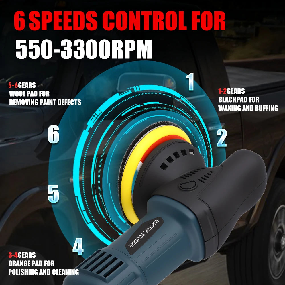 Podofo, set da 24 pezzi, lucidatrice a disco orbitale con 6 velocità variabili, 980 W, 220 V, 550-3300 giri/min, ideale per la lucidatura, la ceratura e la pulizia di autoveicoli.