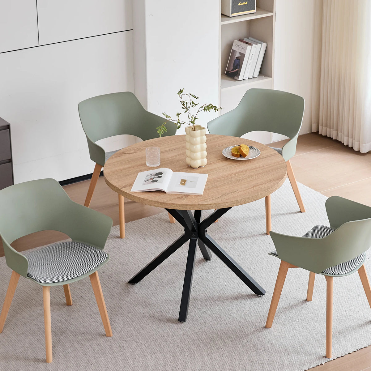 Sedie da pranzo moderne da 2 pezzi con braccioli - Guscio in PP + Gambe in legno + Cuscino in tessuto pied de poule per cucina, soggiorno, caffè