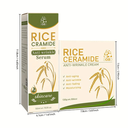 Set di 2 prodotti per la cura del viso anti-rughe a base di riso, contiene 130g di crema e 50ml di essenza per idratazione giorno e notte e rassodamento, cura della pelle anti-rughe che rende la pelle più giovane.
