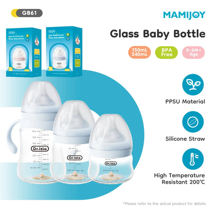 MAMIJOY Biberon in vetro per bambini alto 80/160/240 ml in borosilicato a bocca larga anti-gonfiore con scala graduata trasparente Biberon senza BPA e BPS GB61