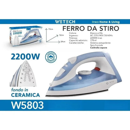 Ferro da stiro elettrico a vapore WETECH, serie W5801‑W5806, potenza massima 1200‑2200W, ideale per la stiratura dei capi, con funzione di autopulizia, controllo del vapore regolabile, piastra in acciaio/ceramica/antisciv
