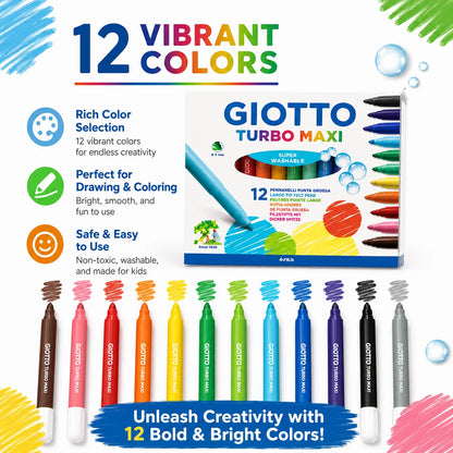 Pennarelli Lavabili GIOTTO Turbo Maxi 12 Colori Punta Larga 5mm per Disegno e Colorazione Bambini Scuola Arte