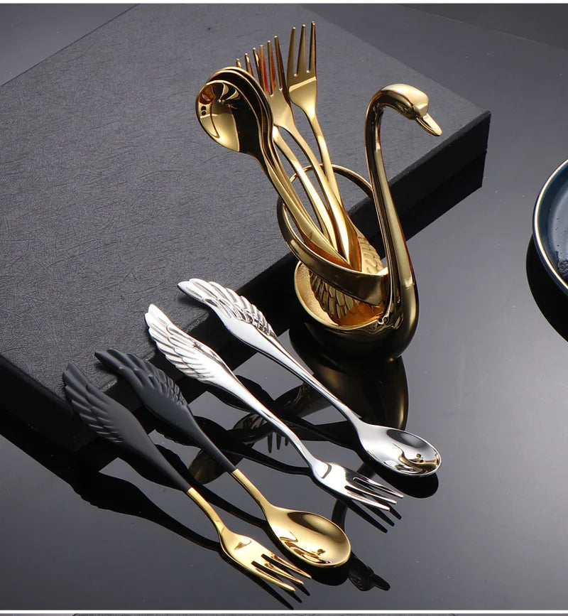 Set di forchette eleganti con base a forma di cigno, cucchiaio da caffè, dessert e insalata in acciaio inossidabile, posate per torte, stoviglie a zero sprechi, dropship