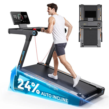 Treadmill Pieghevole FT71 4.0HP, Pedana da Camminata con Inclinazione Automatica del 24%, Macchina da Corsa con APP, Ricarica Wireless, Display LED, Capacità 150KG