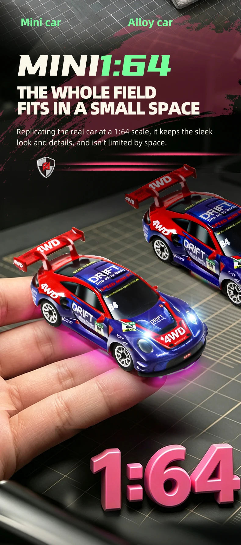 Auto RC da Drift ad Alta Velocità 1/64 con Luci, Auto Telecomandata 4WD 2.4G, Mini Auto da Corsa da Scrivania, Modellino in Scala, Giocattolo Regalo per Ragazzi