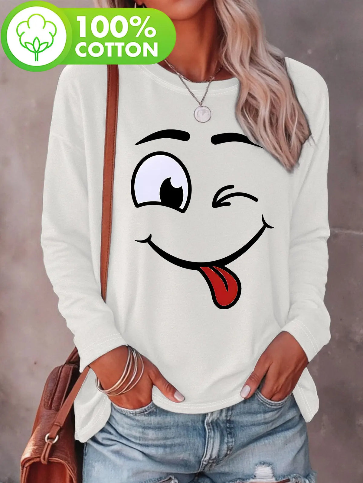 T-shirt da donna in 100% puro cotone, ideale per la primavera e l'autunno, comoda, casual, alla moda, con maniche lunghe, stampa grafica a tema felino e scollo rotondo.