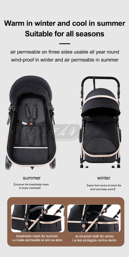 Passeggino 3 in 1 Facile da piegare Telaio in alluminio ad alto paesaggio Passeggino neonato con ruota in gomma per assorbimento degli urti a quattro ruote