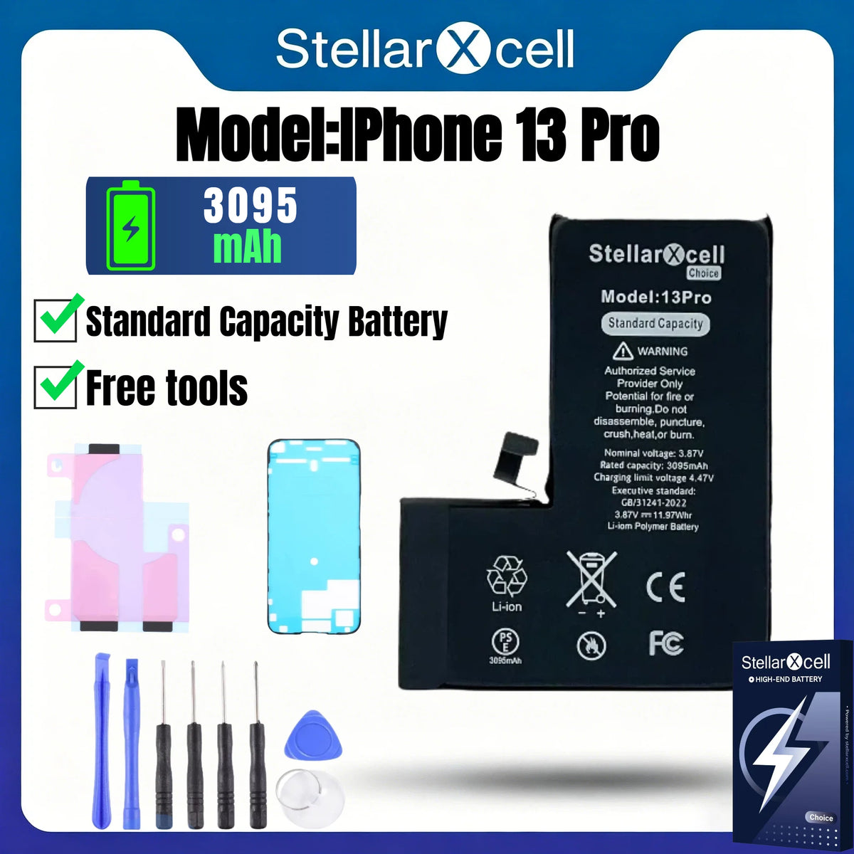 Batteria per iPhone, per iPhone 13, 13 Pro, 13 Mini, 13 Pro Max, Batteria di Capacità Standard, Batteria di Qualità Standard, Sostituzione Batteria iPhone con Strumenti Gratuiti, 0 Cicli, Visualizza 100% di Salute della Bat