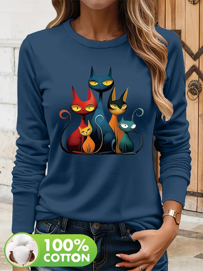 T-shirt da donna in 100% puro cotone, a maniche lunghe, con scollo rotondo, stile casual, con stampa grafica floreale, vestibilità ampia, ideale per la primavera e l'autunno.