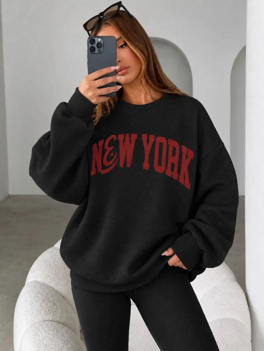 Felpa con stampa a tema New York, felpa da donna con collo alla marinara e fodera in pile, felpe sportive e per il tempo libero, ideali per l’autunno e l’inverno.
