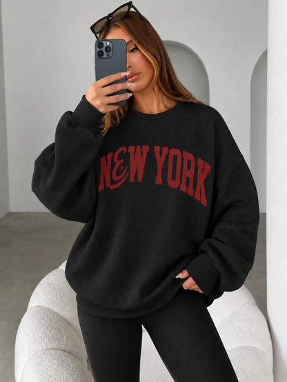 Felpa con stampa a tema New York, felpa da donna con collo alla marinara e fodera in pile, felpe sportive e per il tempo libero, ideali per l’autunno e l’inverno.