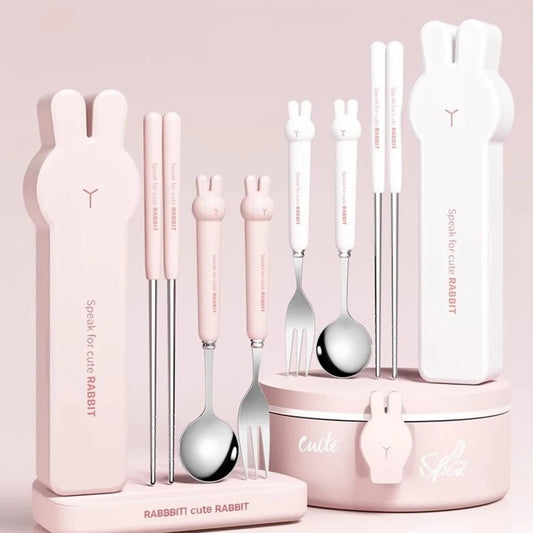 WORTHBUY 3/4PCS Set di stoviglie portatili carino riutilizzabili bacchette cucchiaio forchetta in acciaio inossidabile 304 con scatola di posate per studente bambino