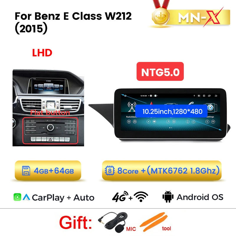 2026 Nuovo Android 15 128GB ROM Autoradio Wireless CarPlay Auto Multimedia per Mercedes Classe E W212 S212 2009-2015 Sistema NTG4.0 NTG4.5 NTG5.0 Lettore Video 4K Monitor Telecamera