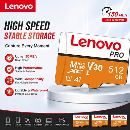 Scheda Micro TF SD Lenovo ad Alta Velocità 512GB 1024G 256GB Classe 10 U3 V30 per DJI Insta360, Registratore di Guida, Memoria Impermeabile