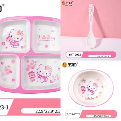 Set di stoviglie in melamina Hello Kitty per bambini - Ciotole, piatti, cucchiai e tazze anti-scottatura con simpatico design a cartoni animati