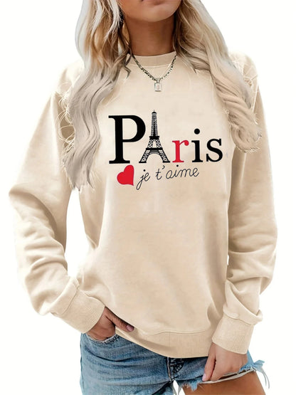 Maglione da donna, modello casual, ampio, comodo e caldo, con stampa a motivi parigini, scollo rotondo e maniche lunghe, ideale per l’autunno e l’inverno.