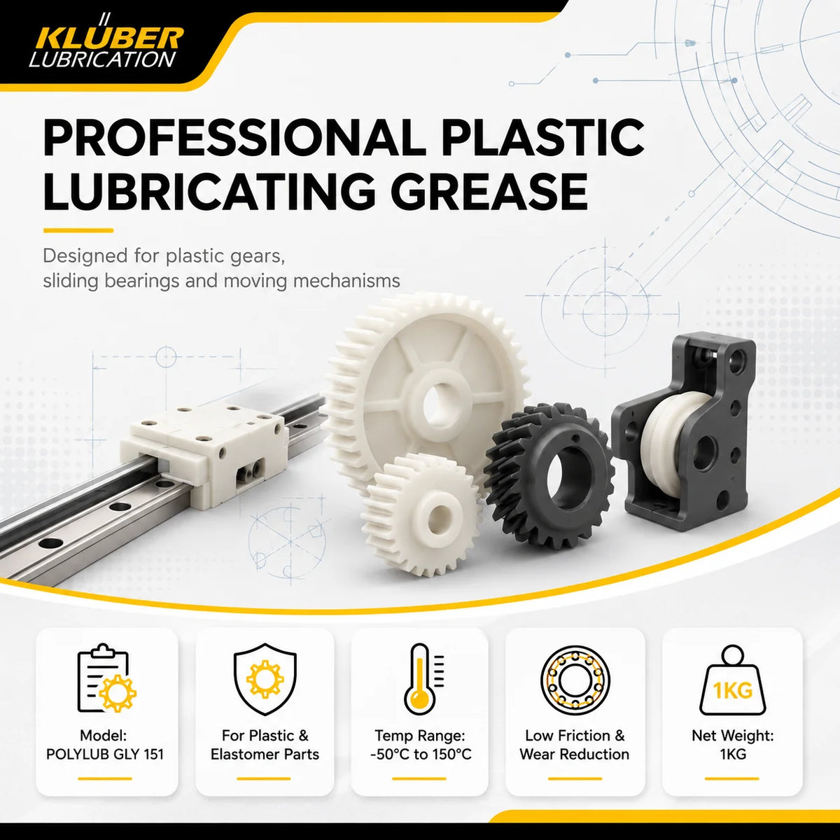 Grasso Originale Kluber POLYLUB GLY 151 per Ingranaggi in Plastica, Lubrificante per Basse Temperature per Cuscinetti a Scorrimento e Ingranaggi Piccoli