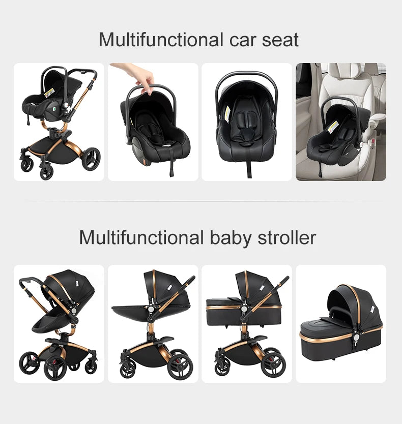 Sistema di trasporto per bambini 3 in 1 con seggiolino auto per neonati e navicella, passeggino pieghevole reversibile a 360 gradi, carrozzina alta per neonati fino a 3 anni, cintura di sicurezza a 5 punti, tettuccio in pelle