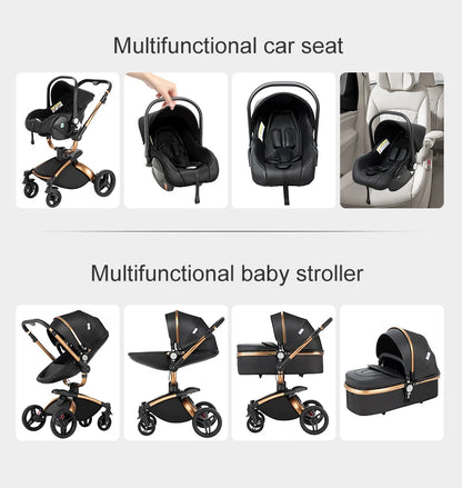 Sistema di trasporto per bambini 3 in 1 con seggiolino auto per neonati e navicella, passeggino pieghevole reversibile a 360 gradi, carrozzina alta per neonati fino a 3 anni, cintura di sicurezza a 5 punti, tettuccio in pelle