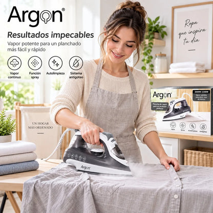 Ferro da stiro professionale a vapore da 2200 W, con piastra in ceramica scorrevole, sistema anti-goccia e autopulente, per stirare sia in verticale che in orizzontale capi in cotone e lino.