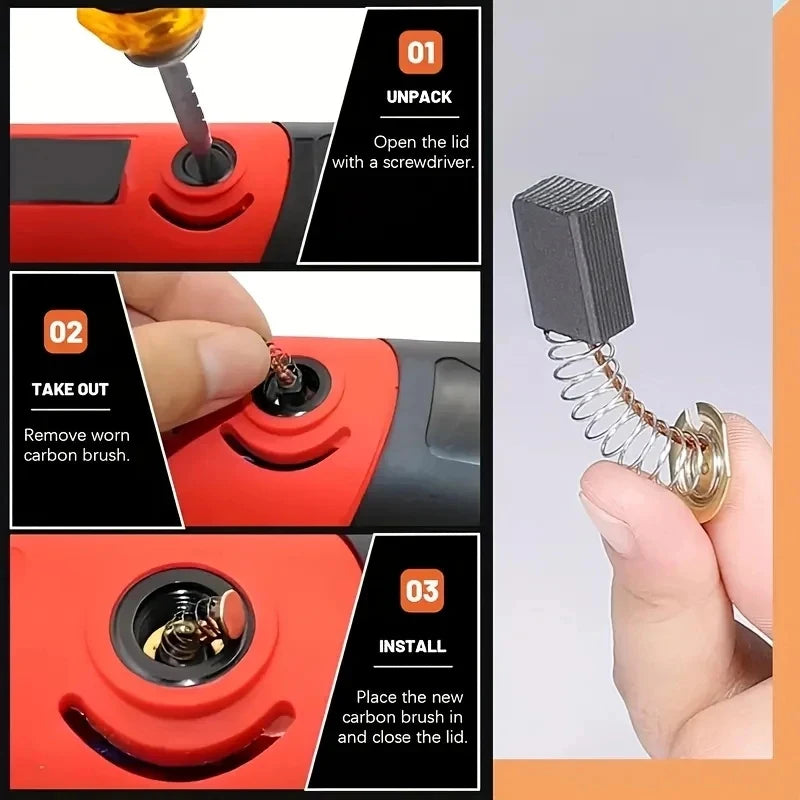 Set Universale di 120 Spazzole in Carbonio di Varie Dimensioni, 12 Specifiche, Spazzole di Ricambio per Manutenzione Utensili Elettrici Fai-da-Te