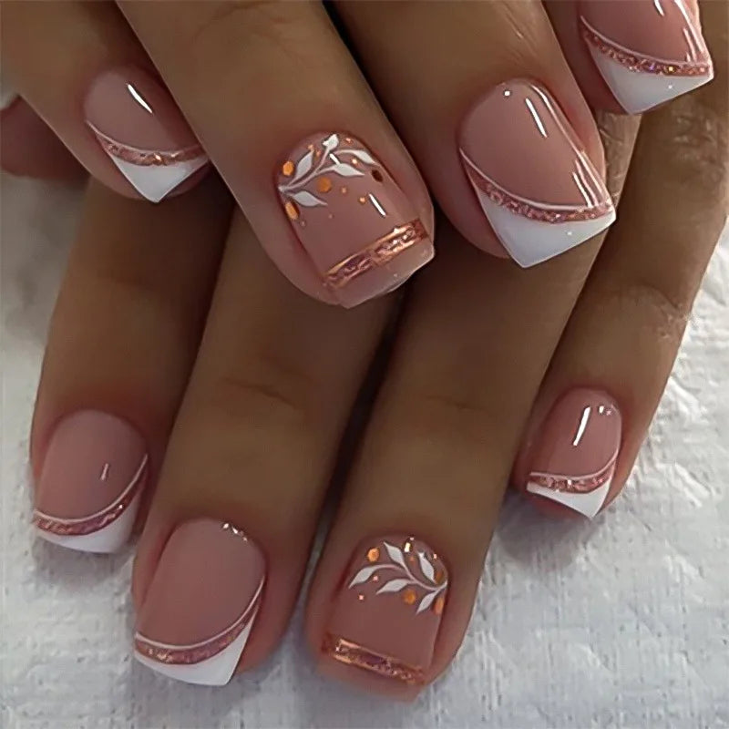 24 pezzi Stampa sulle unghie Design floreale Balletto di media lunghezza Unghie finte Moda Marrone Copertura completa Suggerimenti per manicure Set di unghie finte danneggiabili