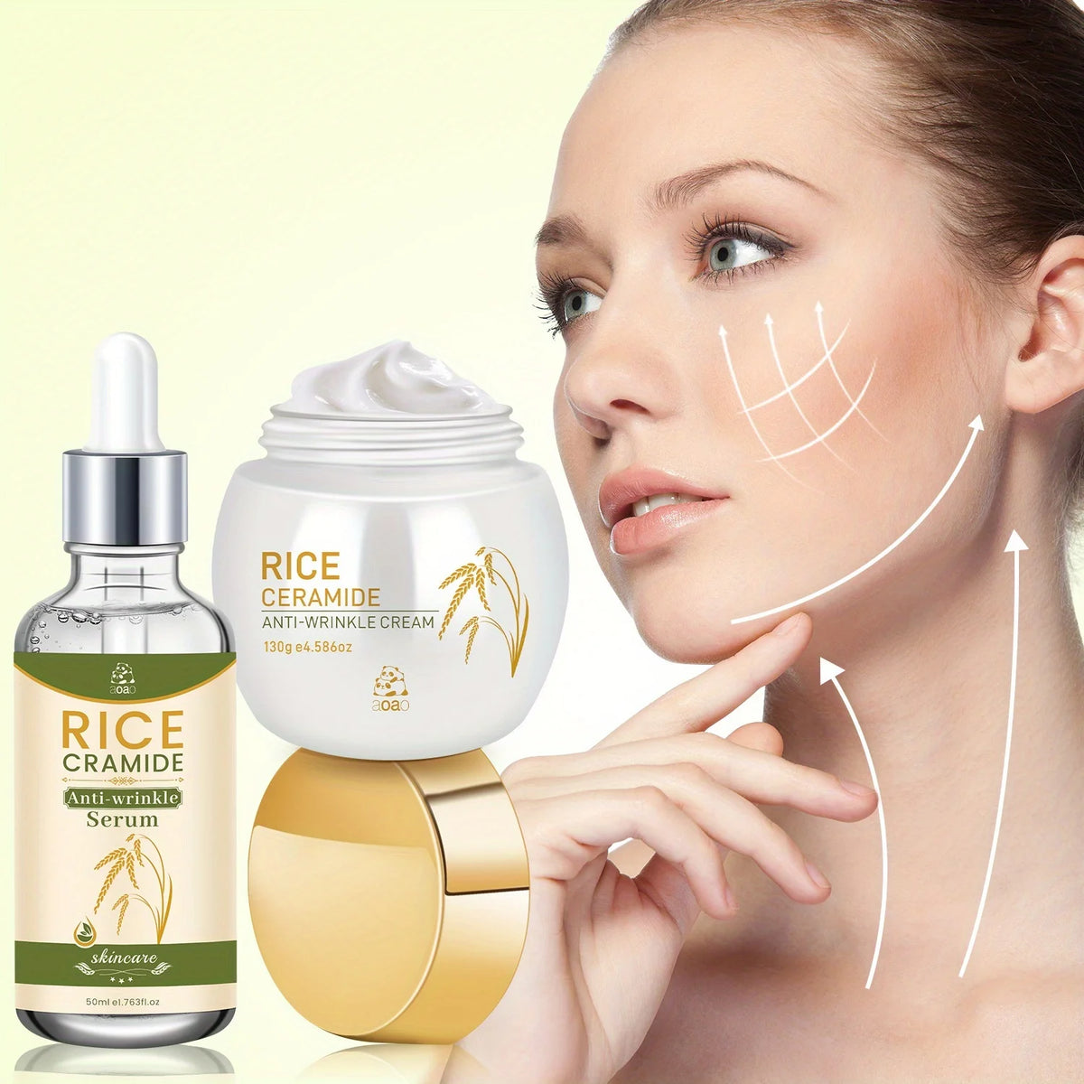 Set di 2 prodotti per la cura del viso anti-rughe a base di riso, contiene 130g di crema e 50ml di essenza per idratazione giorno e notte e rassodamento, cura della pelle anti-rughe che rende la pelle più giovane.