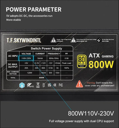 Alimentatore PC ATX Completamente Modulare da 800W, PSU Gaming 80 Plus Gold, Ventola a Bassa Rumorosità da 130mm, Circuiti di Protezione PFC Attivo per Doppia CPU, 110‑230V