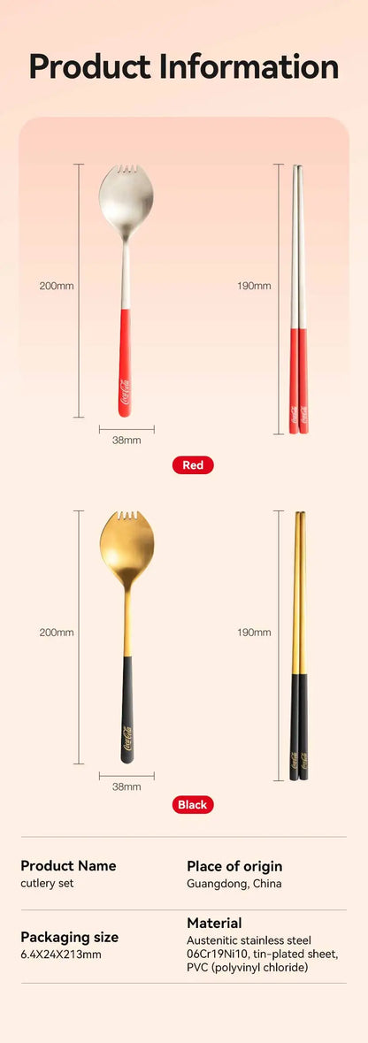Set di posate portatili Coca Cola in acciaio inossidabile 304, forchetta e cucchiaio da viaggio con custodia per campeggio, picnic, cucina all'aperto, idea regalo