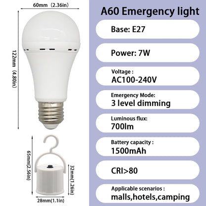 Lampadina LED ricaricabile E27 7W 1500mAh 220V 110V Lampadina di emergenza per alimentazione domestica Lampada da giardino per portico da campeggio in guasto all'aperto