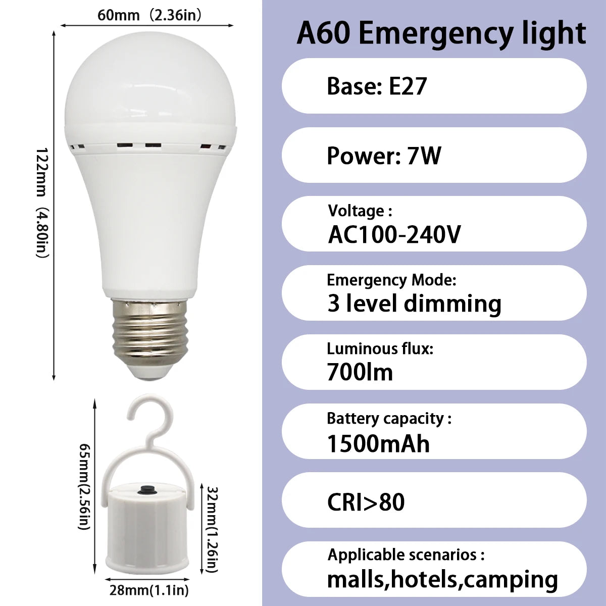 Lampadina LED ricaricabile E27 7W 1500mAh 220V 110V Lampadina di emergenza per alimentazione domestica Lampada da giardino per portico da campeggio in guasto all'aperto