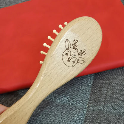 Spazzola per Capelli Neonato con Panda Inciso, in Lana Naturale e Legno, con Cuscino d'Aria, Regalo per Neonato