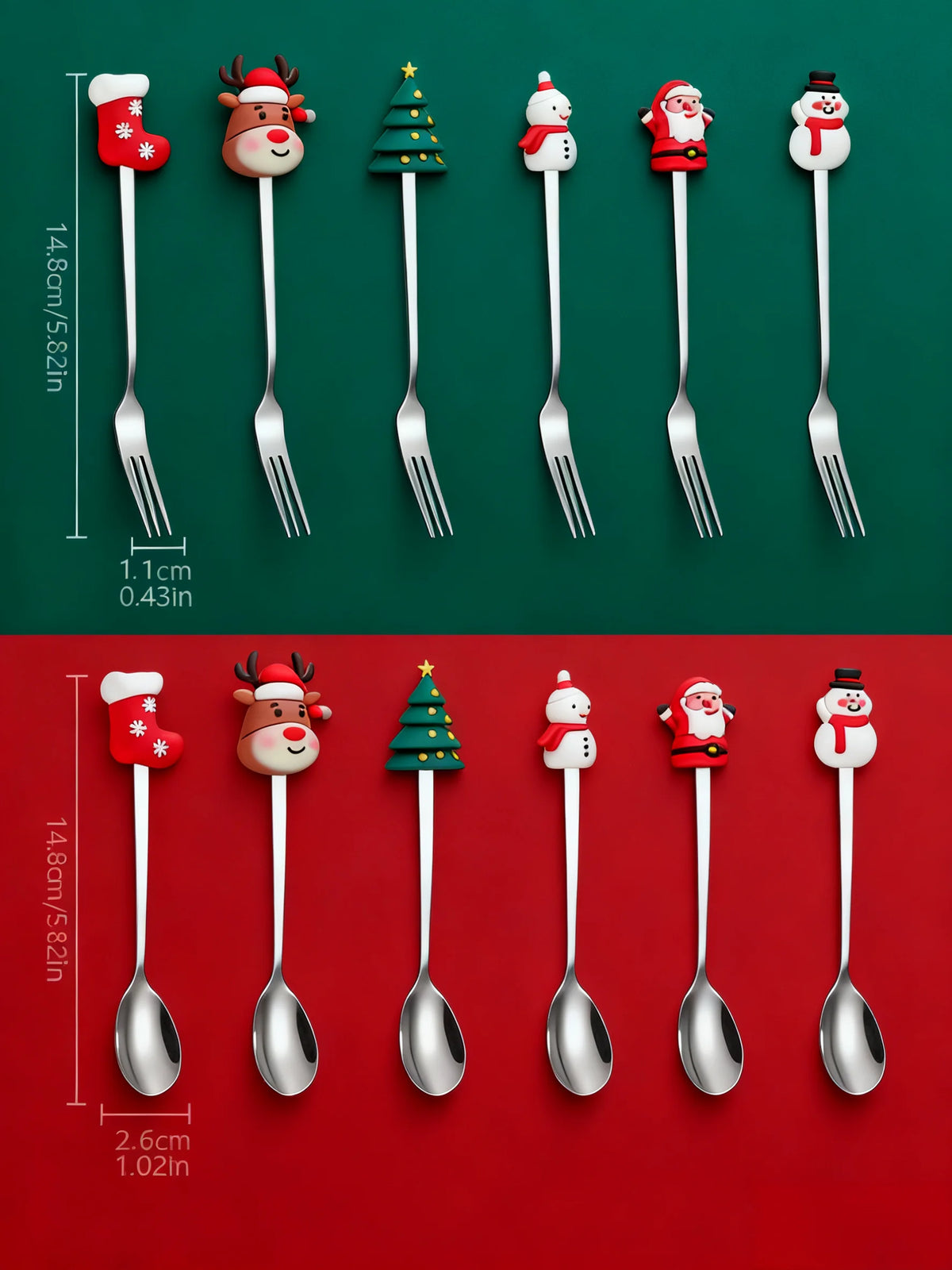 Set di posate da 12/6 pezzi in acciaio inossidabile a tema natalizio, cucchiai da caffè, forchette da dessert e cucchiai per la tavola delle festività