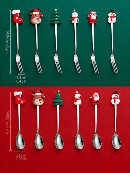 Set di posate da 12/6 pezzi in acciaio inossidabile a tema natalizio, cucchiai da caffè, forchette da dessert e cucchiai per la tavola delle festività