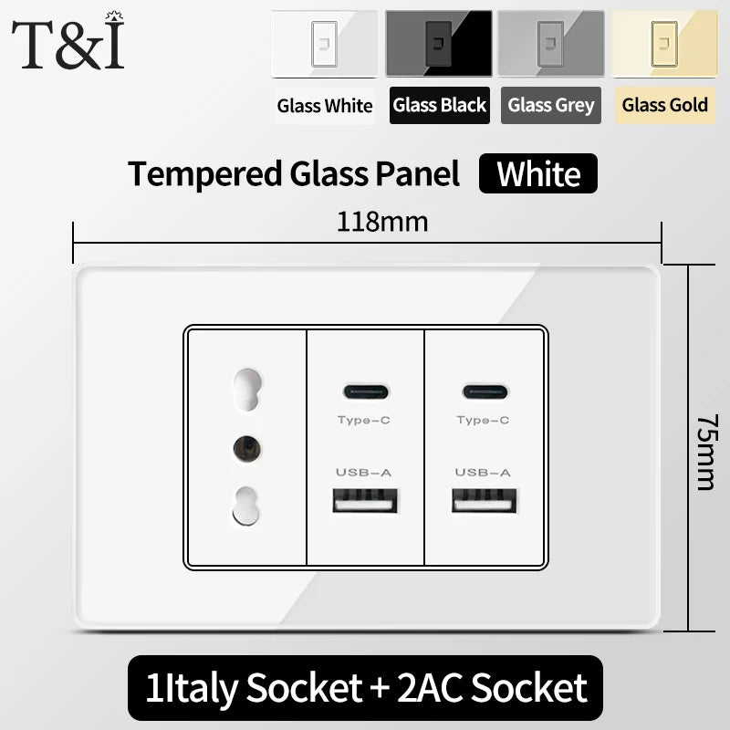 Prese per interruttori a muro T&I con tipo USB  C Ricarica rapida, presa Italia, presa Schuko Cile, pannello in vetro temperato per la casa