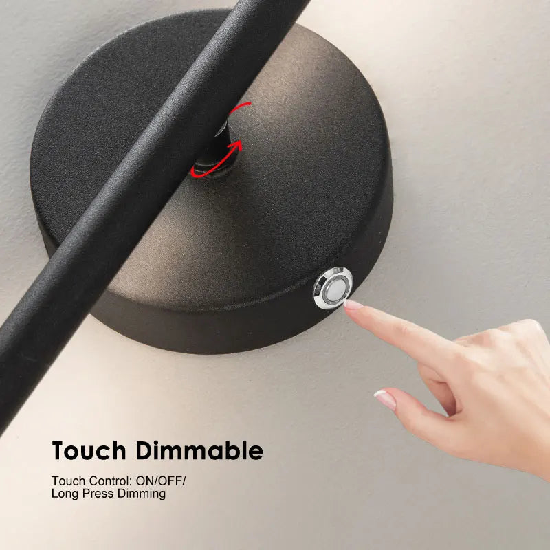 Lampade da parete a LED con batteria ricaricabile wireless con telecomando 3CCT 360 °   Lampada da parete a LED dimmerabile con interruttore tattile girevole nera