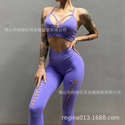 Reggiseno sportivo leggero a V profonda e sexy, pantaloni yoga a vita alta modellanti e scollati da donna