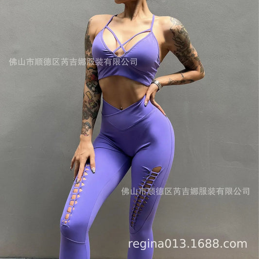 Reggiseno sportivo leggero a V profonda e sexy, pantaloni yoga a vita alta modellanti e scollati da donna