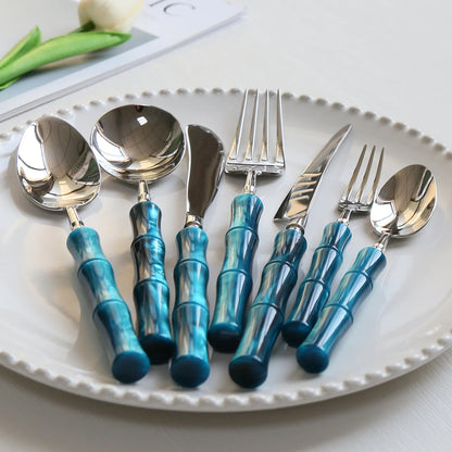 Nuovi posate in resina stile bambù 18/10 in acciaio inossidabile 304 posate classiche set di stoviglie argento blu verde crema trasporto di goccia